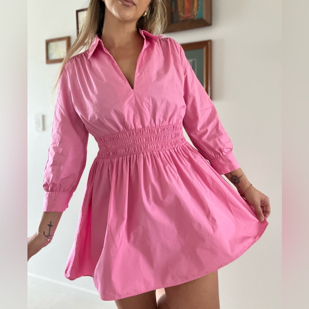 Pink Zara Smocked waist A-Line mini Dress with Collar